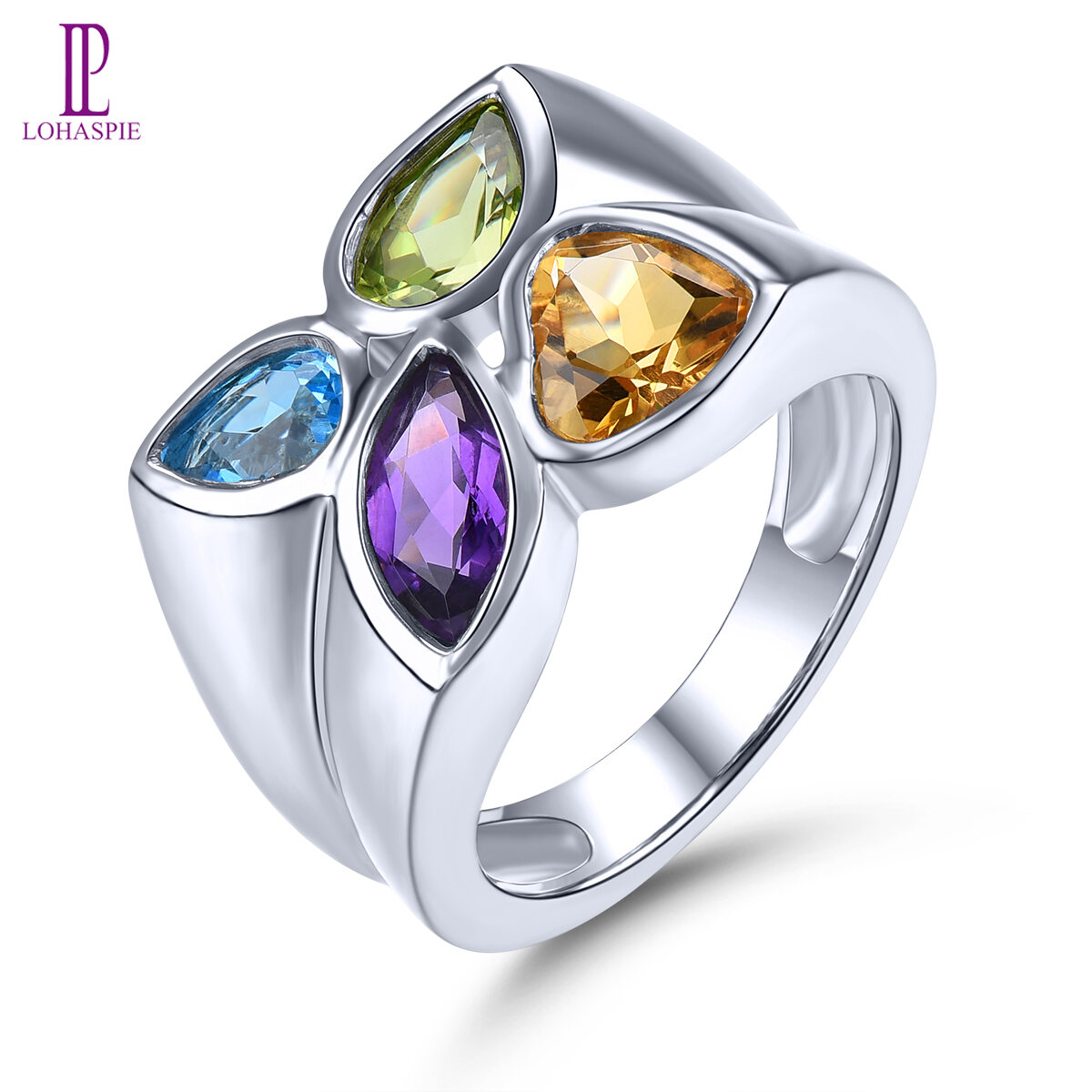 Lohaspie Jewelry 3.2 Carats Silver 925 Original Ring For Women Natural Amethyst Citrine Topaz Ring Colorful Gemstone Topaz Birthstone Ring Jewelry