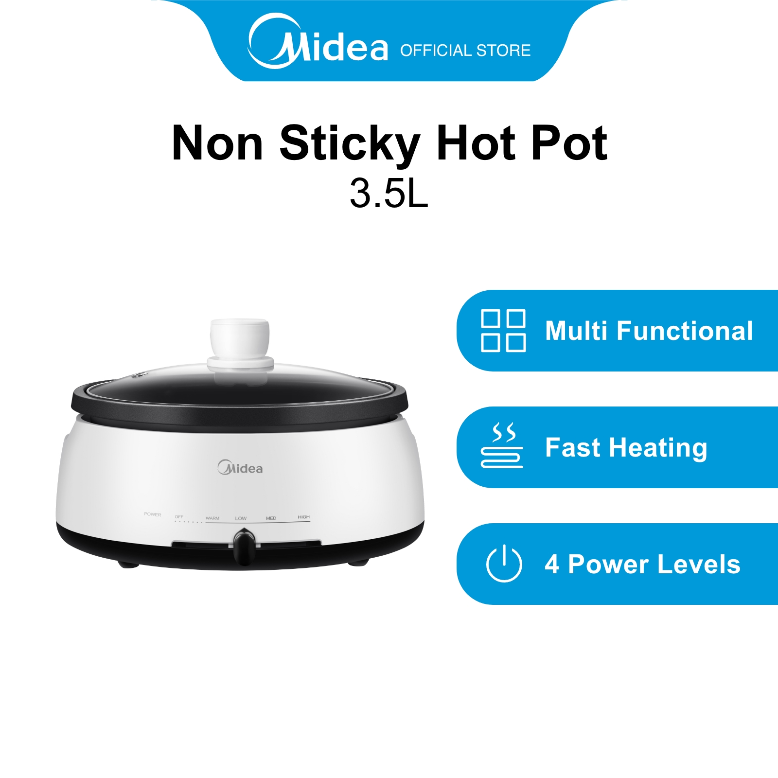 Midea MEC-1040W White Non-Sticky Coating Electric Hot Pot, 3.5L
