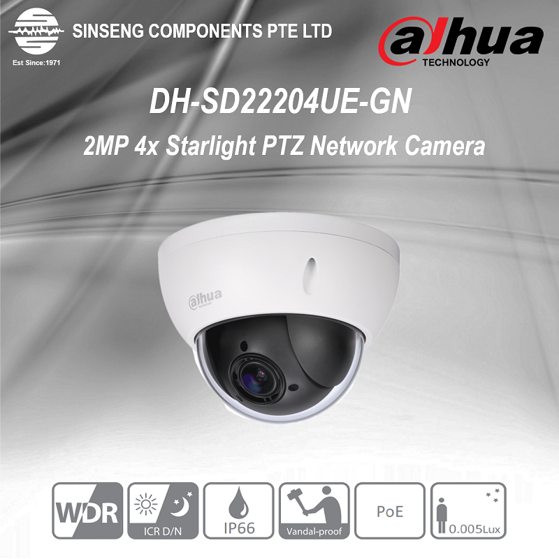 Dahua PTZ 4x Optical Zoom Mini Pan Tilt Zoom 2MP Starlight Vandal-Proof IP66 PoE Network CCTV IP Camera •DH-SD22204UE-GN